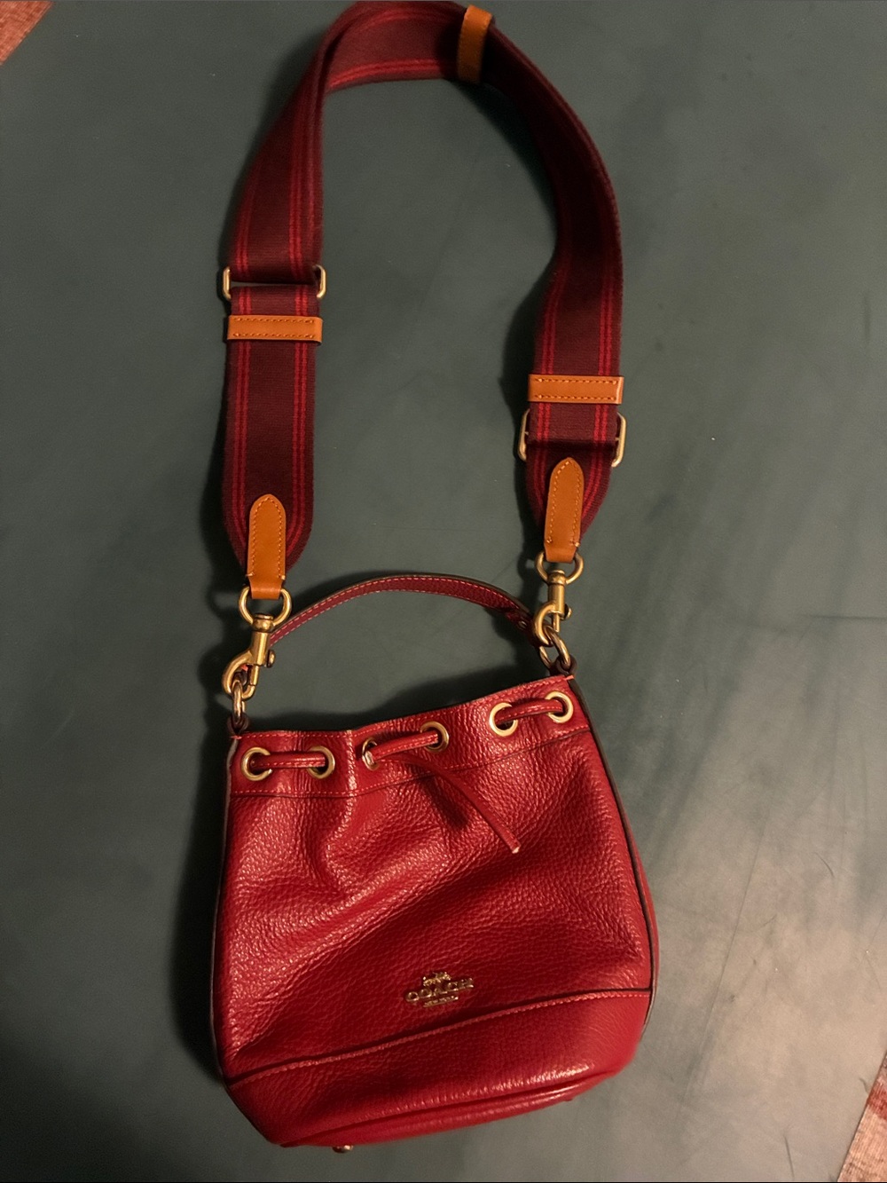 Coach Red Pebbled Leather Drawstring Bucket Bag Gold Hardware